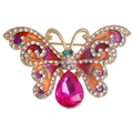Golden butterfly brooch with orange enamel wings and pink teardrop rhinestone pendant - YNCP1224 Pink Crystal