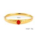 18k gold plated stainless steel open bangle with oval red gemstone and ribbed texture - Gold with Red Stone (G3561-Red)