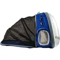 Royal blue expandable pet backpack with clear capsule window and black mesh side extension - Blue with Black Extension