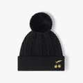 Black cable knit beanie with fluffy pom-pom and golden cherry embroidery for winter - One Size / Black
