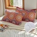 Bohemian style red floral 4-layer cotton gauze pillow towel with elastic straps - Red Mandala