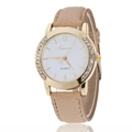 Ladies quartz watch with beige lychee leather strap and gold crystal bezel - Beige