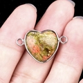 Green and pink heart-shaped natural stone connector with silver frame and dual loops - Unakite Double Hole (Silver)
