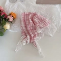 French style pink checkered lace triangle bandana with white lace trim and tassels - Geometric Blue / Pink