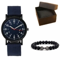 Gros plan sur la montre à quartz militaire avec bracelet nylon bleu et perles de lave - Bleu + Bracelet + Boîte