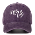 Detail of embroidered mrs text with small heart on a vintage washed purple baseball cap - Purple Mrs.