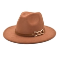 Detail of a brown wool fedora with a leather band and gold buckle on a white background - M (56-58cm) / Khaki