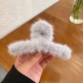 Plush grey faux fur hair claw clip for women, large winter shark clip hair accessory - Grey Plush Hair Claw