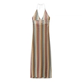 Colorful striped knit maxi dress with a deep V-neck and halter neckline for beachwear - S / Rainbow Striped