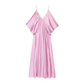 Pink satin slip maxi dress with deep V-neck and draped lace-up detail for women - S / Lotus root pink