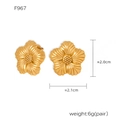 Detailed macro view of gold flower stud earrings showing size and petal texture - Gold (F967)