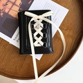 Short black PU leather wallet with ballet-style lace ribbon and pink heart pendant - Black Balletcore Wallet with Cream Ribbon