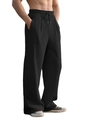 Men's black pleated straight trousers with elastic drawstring waist and textured fabric - Black