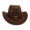 Dark brown kids western cowboy hat with leopard print belt and leopard metal badge - Adult 56-58cm / Coffee