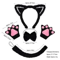 Set cosplay gatto nero 5 pezzi con orecchie di paillettes, guanti a zampa e coda pelosa - Set da 3 Pezzi Orecchie da Gatto Nere con Paillettes e Guanti