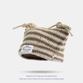 Striped knit cat ear beanie in cream and light coffee with cute decorative ties - M (56-58cm) / Khaki + Beige