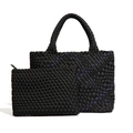 Set borsa tote intrecciata nera minimalista e pochette coordinata con cerniera chic - Blu Nero