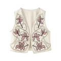 Retro cream sleeveless vest with vintage floral embroidery and mirror effect details - S / Milky White