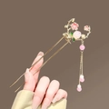 Golden metal hair stick with pink flower petals and a beaded tassel drop charm - Small Peach