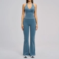 Women's brushed yoga set in grey blue featuring halter neck top and flared pants - 3109 Vest + 3109 Flare Pants - Cosmic Blue