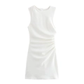 Elegante vestido corto de satén blanco sin mangas con detalle fruncido lateral y cuello redondo - S / Blanco