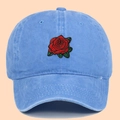 Classic light blue washed cotton baseball cap with red rose embroidery on front - Adjustable / Light Blue