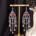 Bohemian silver drop earrings with red beads and vintage hollow tassel detailing - S4298-1 Red Water Drop Tassel Earrings