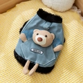 Blue denim pet winter vest with black faux fur collar and 3D bear toy detail - Cowboy Black Bear's Two Feet / S (Recommended weight 1.5-2.5kg)