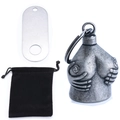 Vintage silver skull bell phone charm with metal tag and black velvet drawstring pouch - Female Torso Bell With Tag And Storage Bag / Antique Silver
