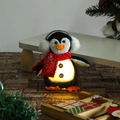 Detailed close-up of a plush penguin ornament with glowing belly and red knit scarf decoration - Grey Hat LED Glowing Penguin Pendant