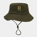 Detail of sunflower embroidery on olive green cotton bucket hat with adjustable wind strap - Army Green