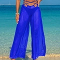 Royal blue mesh high waist beach cover up pants with tie waist and cutout detail - S / Bottoms / Thin Belt Wide Leg Pants / Blue