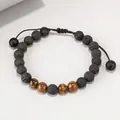 Adjustable street style beaded bracelet with black lava stone and brown tiger eye beads - 20122207 Volcanic Stone Adjustable