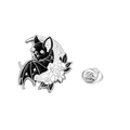 Halloween bat and floral moon enamel brooch in black and silver metallic finish - Moon Bat (CZ0486-4)