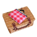 Handwoven willow picnic basket set with pink checkered mat and dark brown leather straps - Light Willow Basket with Cutlery & Mat