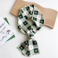 Green and white checkered narrow silk scarf with pink heart print for hair or bags - Heart Plaid Green