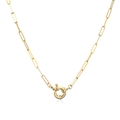Detail of gold paperclip link chain with a round spring clasp on a white background - Custom Gold Necklace