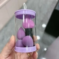 Set of four purple teardrop and mushroom makeup sponges in a clear storage cylinder - Purple (3 Mini Waterdrops + 1 Eye/Foundation Brush): Cylinder Case