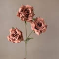 Artificial 3-head dusty rose flower branch with realistic green leaves for wedding - Brown