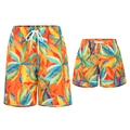 Family matching tropical leaf print swimming trunks with orange base and drawstring waist - Orange Leaf Print / 104