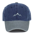Detailed close-up of mountain peak embroidery on washed cotton baseball cap - Navy/Grey / Adjustable Free Size