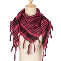 Close-up of houndstooth desert tactical scarf in rose red and black with tassel detail - Rose Red