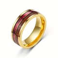 Men's 8mm gold stainless steel ring with wood and dark red resin inlay band - Gold Wood Red Stone