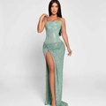 Robe longue à paillettes vert menthe, coupe ajustée avec fente haute élégante - S / Émeraude