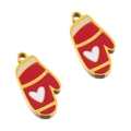 Christmas red enamel glove charms with white heart patterns and golden metal trim - Gold Heart Red Glove