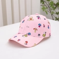Pink kids baseball cap featuring cute cartoon bear and colorful mushroom patterns - Kids One Size / Pink