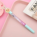 Quicksand gel pen with pink glitter liquid, cute rabbit topper, and light blue accents - Rabbit Green
