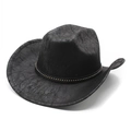 Cappello da cowboy nero vintage con trama in pelle screpolata e fascia decorata - Nero Calotta Piatta