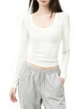 Close-up of the white ribbed modal fabric and U-neck detail on a slim-fit long-sleeve tee - XS / White