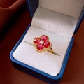Gold-plated clover ring featuring red ruby-colored stones and a central zircon - 48# Ring - Gold - Clover Ruby Style